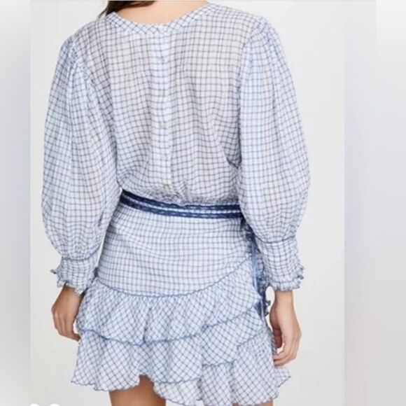 LoveShackFancy Lorelei Ruffle Mini Dress in Caspian Blue Plaid S - Picture 3 of 9